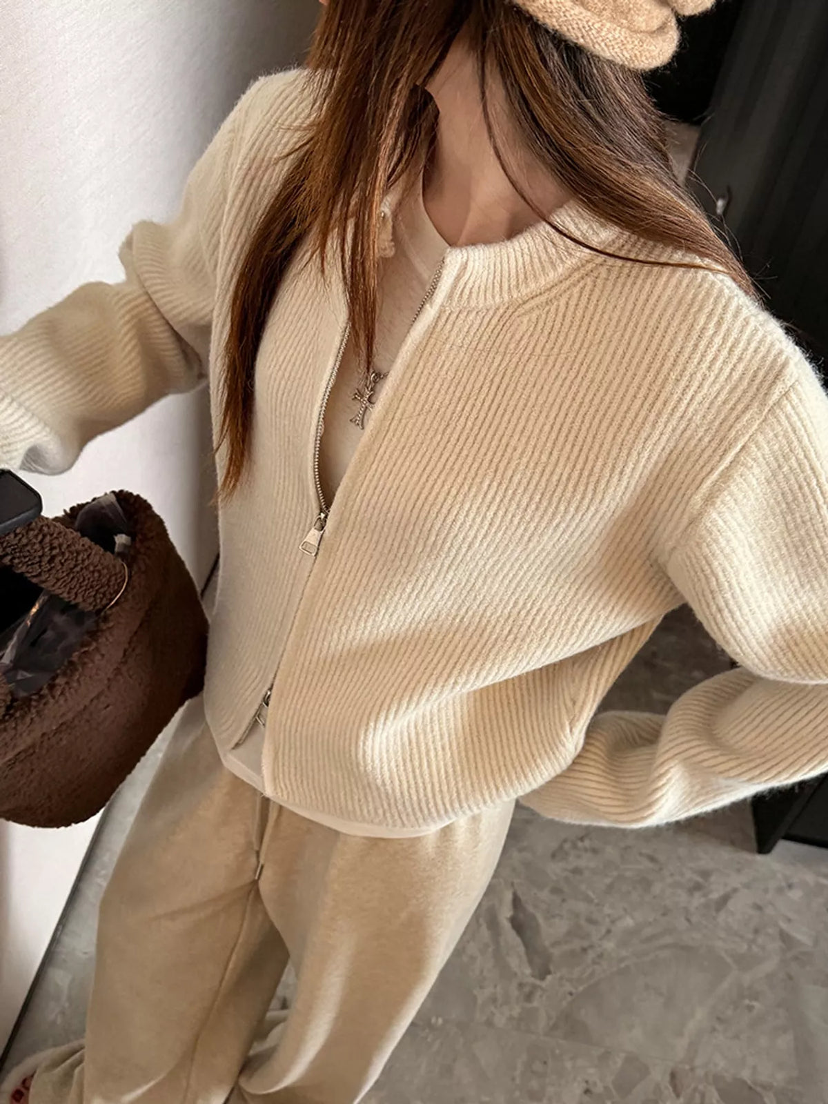 Zip-Up Dropped Shoulder Ribbed Cardigan