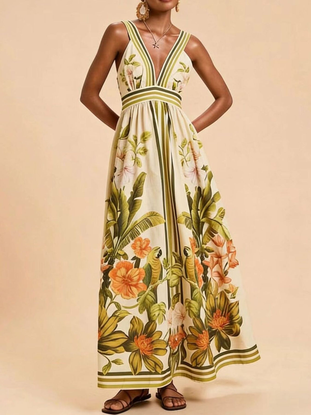 Tropical Print V-Neck Maxi Dress in Sage