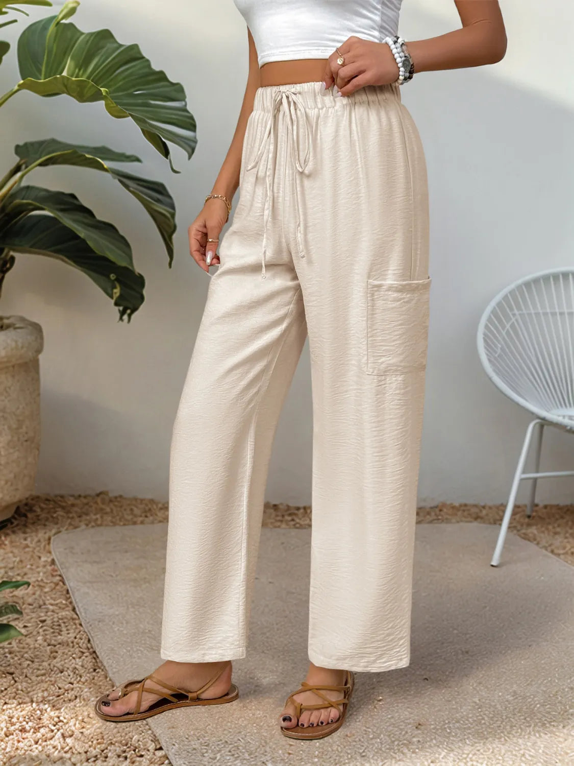 Drawstring Wide Leg Pants in Tan