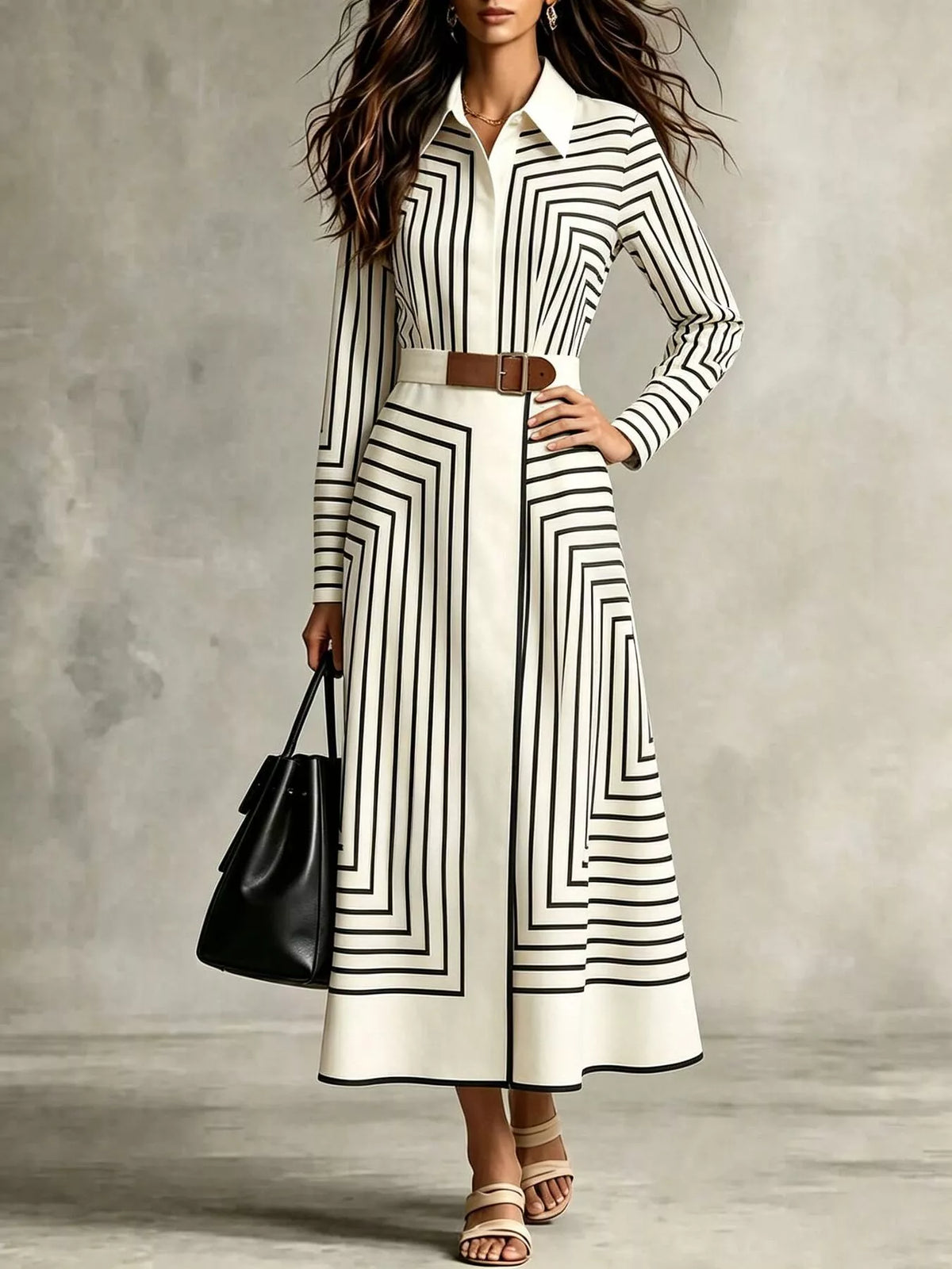Geometric Striped Midi Shirt Dress in White