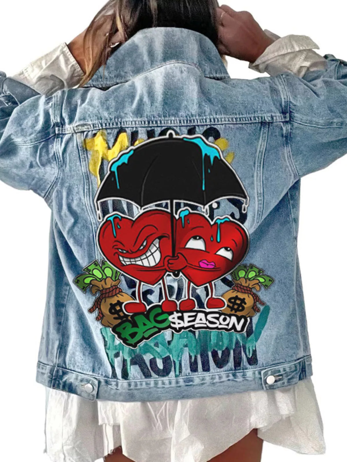 Heart & Umbrella Graphic Denim Jacket in Light Blue