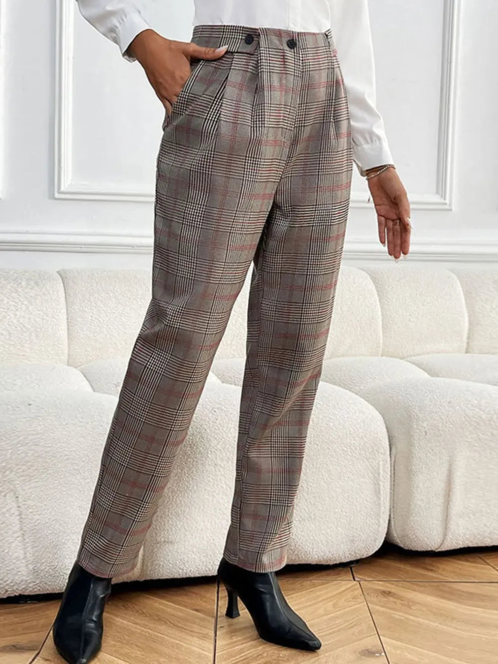 Plaid Straight Pants in Taupe