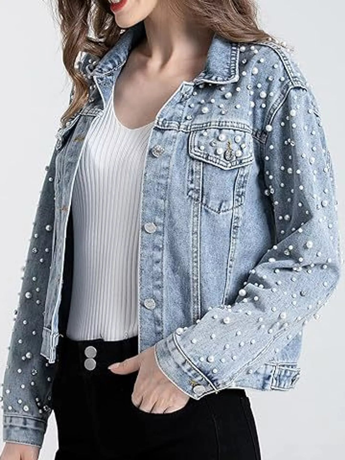 Pearl Detail Button-Up Denim Jacket