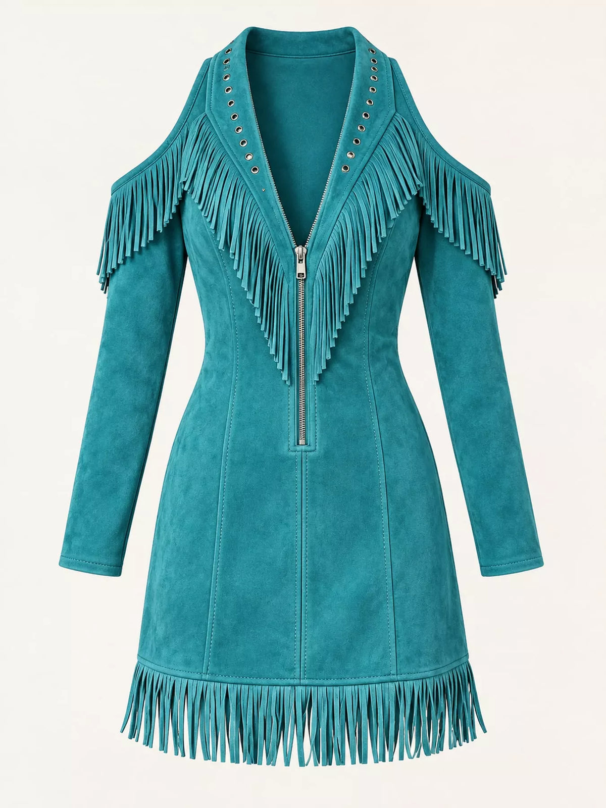 Fringed Cold-Shoulder Zip-Front Mini Dress