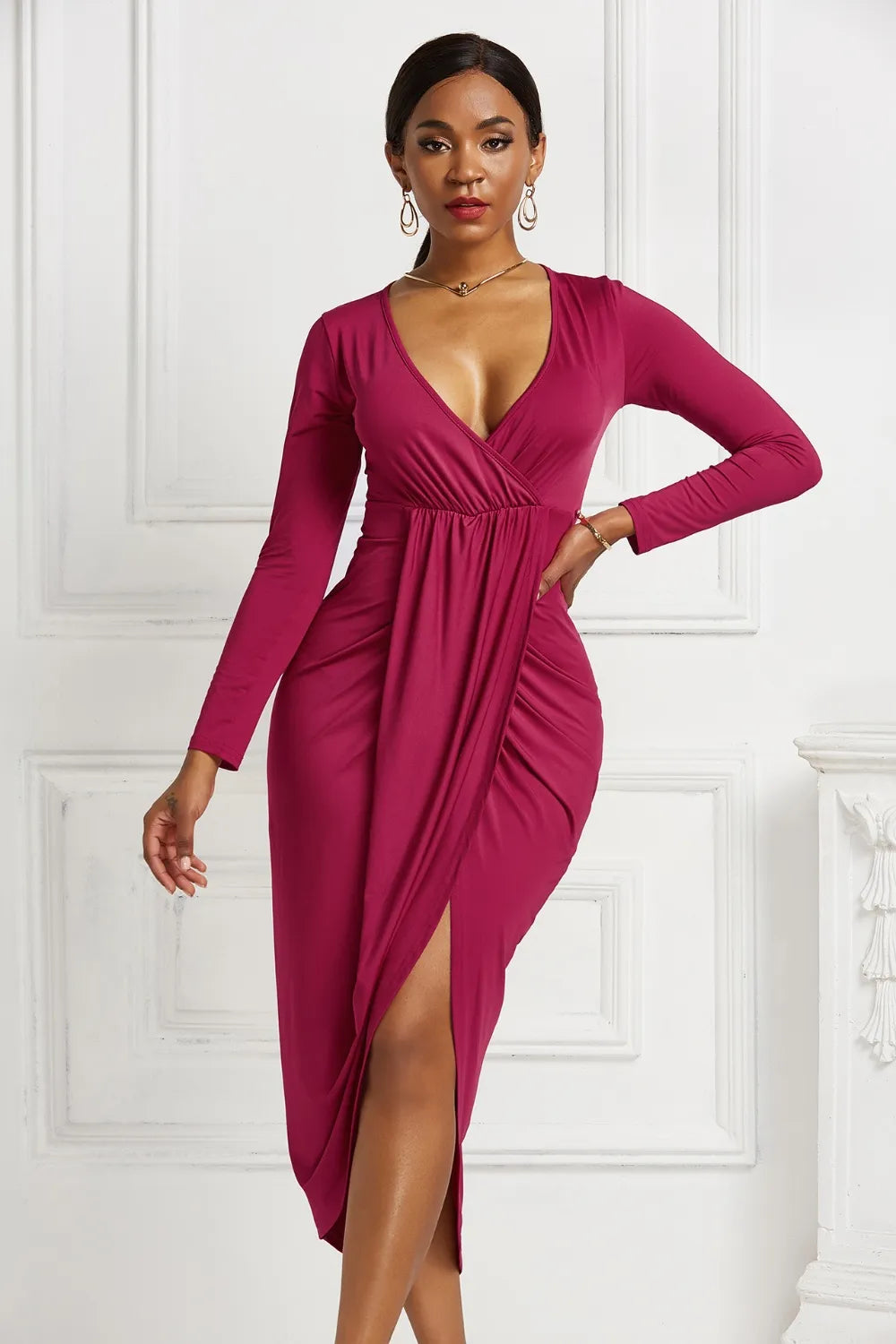 Ruched Surplice Long Sleeve High-Low Dress