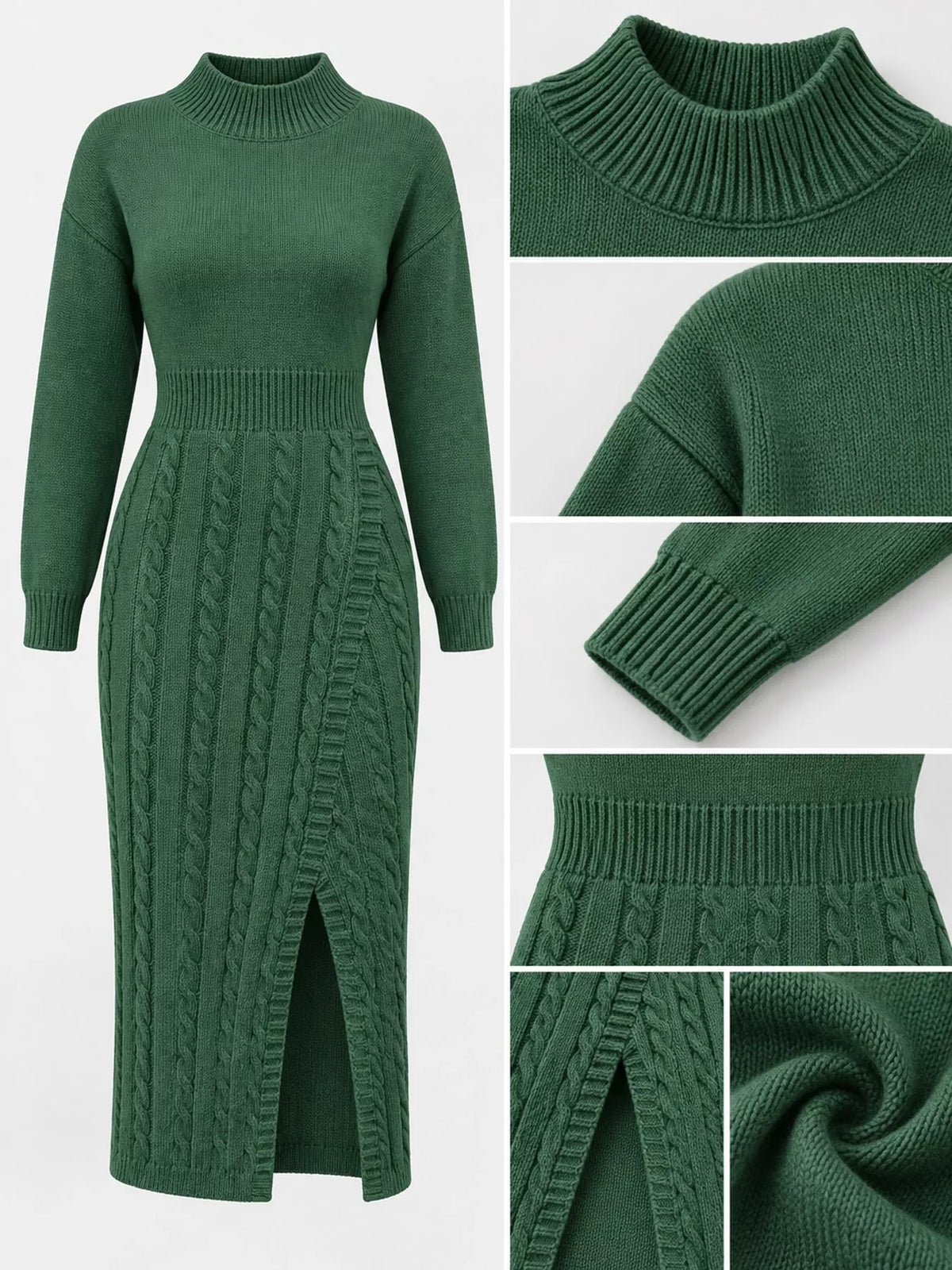 Mock Neck Cable Knit Sweater Dress with Front Slit