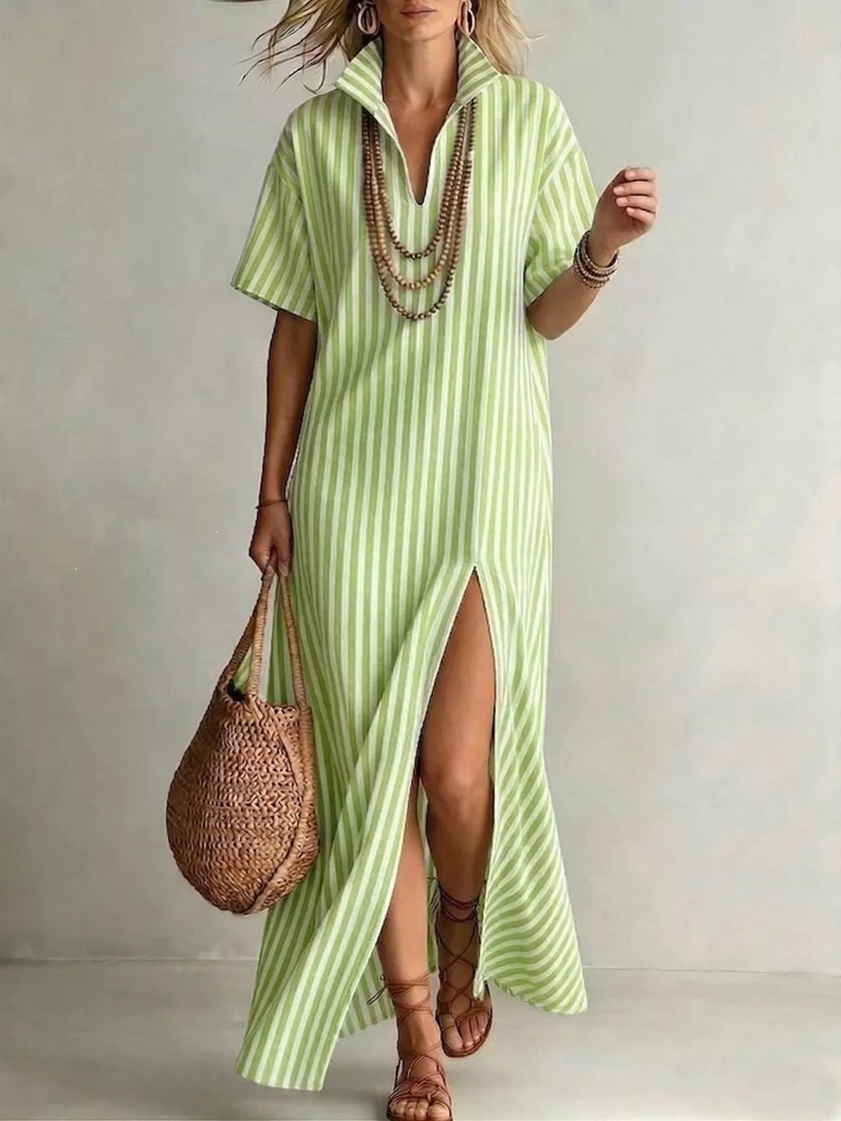 Striped Maxi Dress with Side Slit, Plus Size