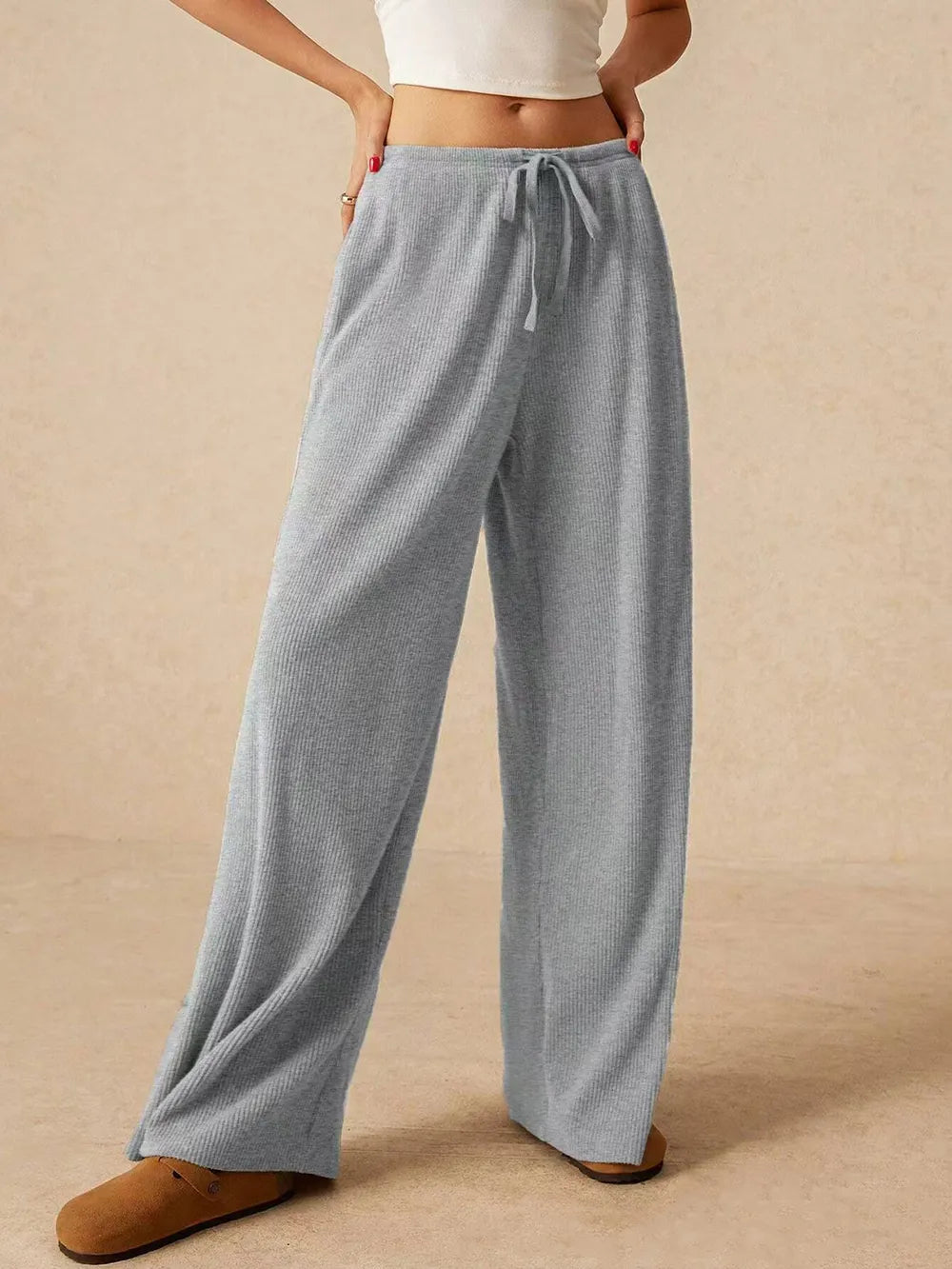 Ribbed Drawstring Wide-Leg Pants