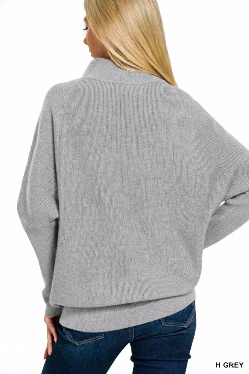 Zenana Dolman Sleeve Mock Neck Sweater in Heather Grey in H grey