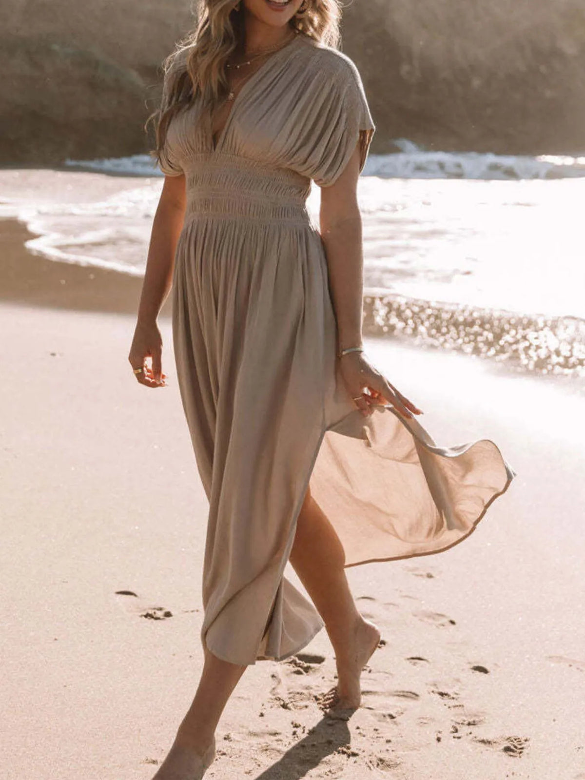 Deep V-Neck Maxi Dress with Side Slit