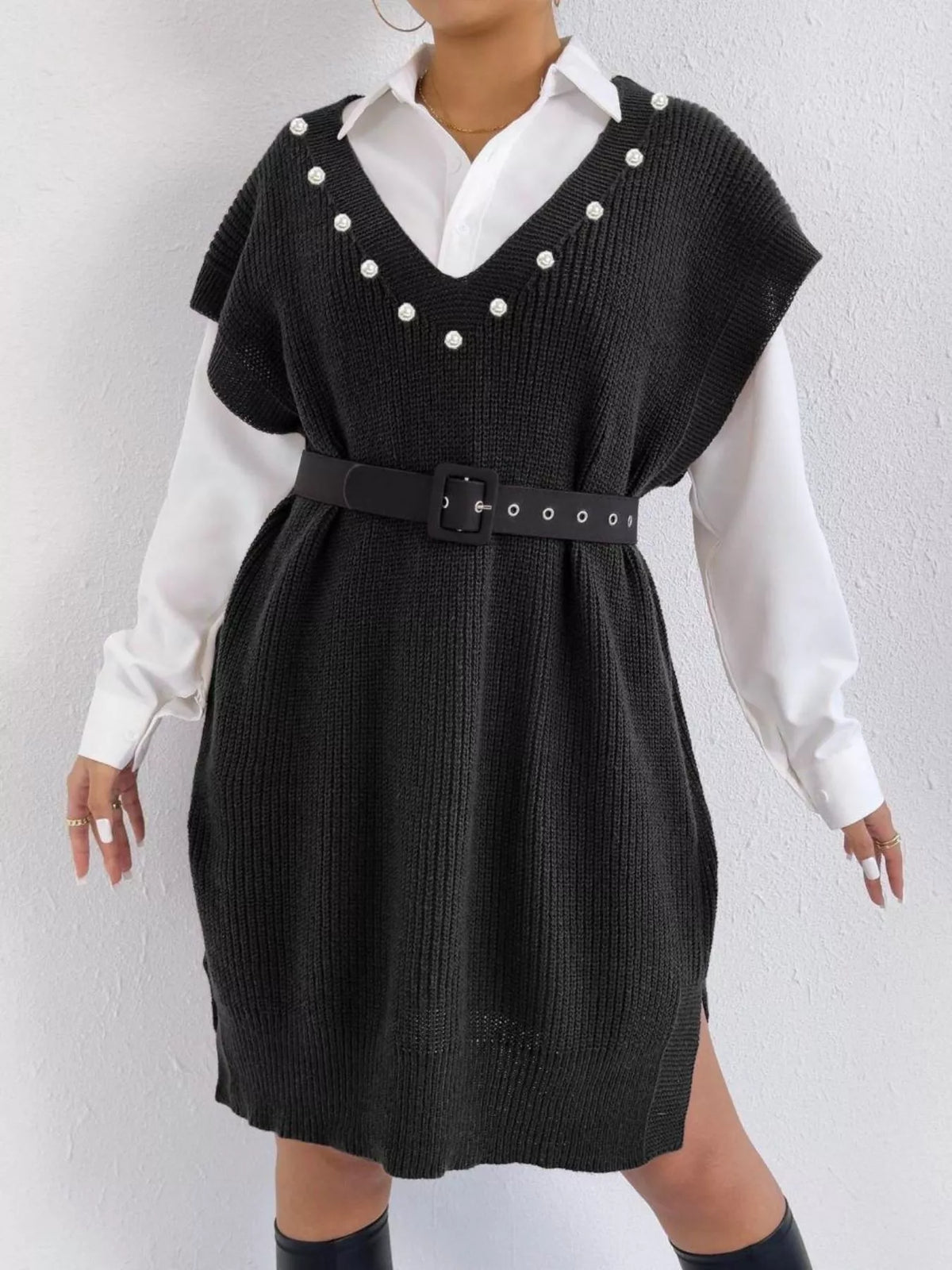 Slit V-Neck Sweater Dress