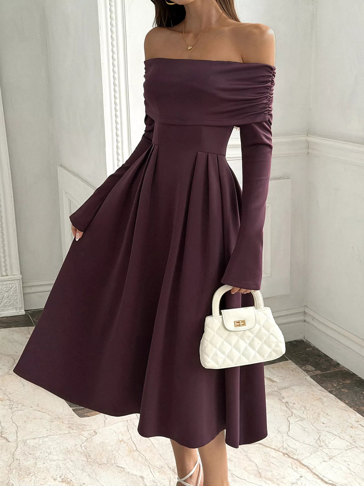 Off-Shoulder Long Sleeve Midi Dress in Coffee Brown