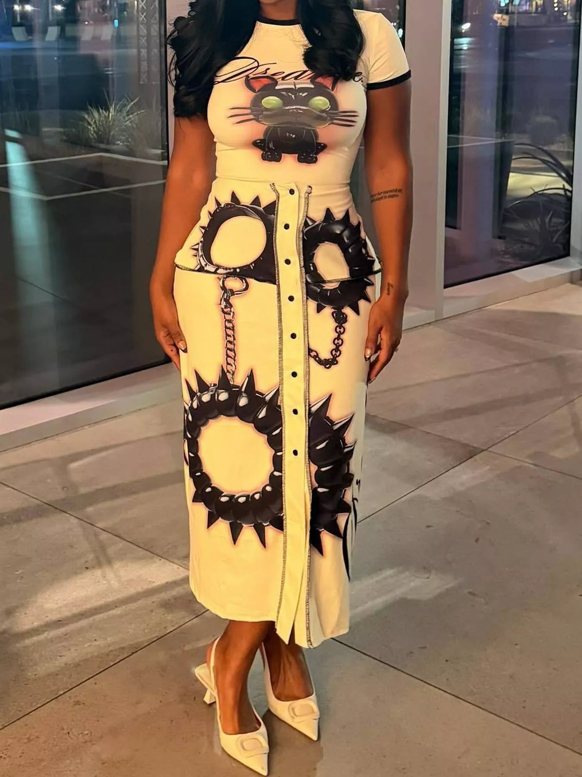 Cat Print Bodycon Maxi Dress in Off-White