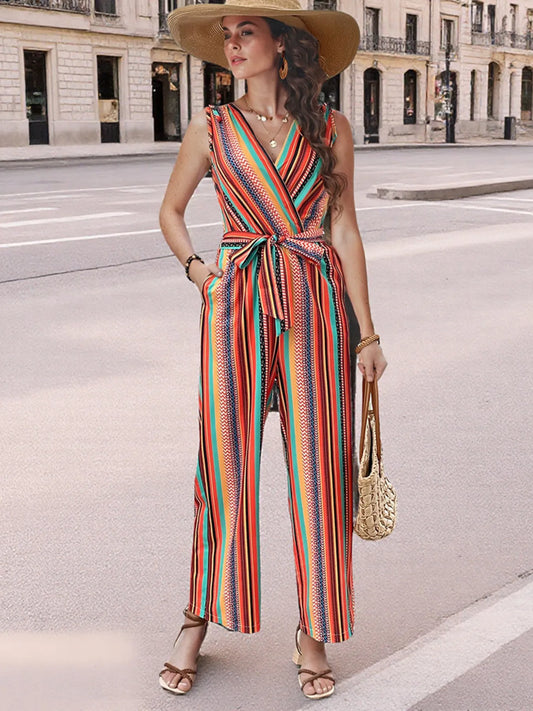 Striped Sleeveless Jumpsuit in Orange
