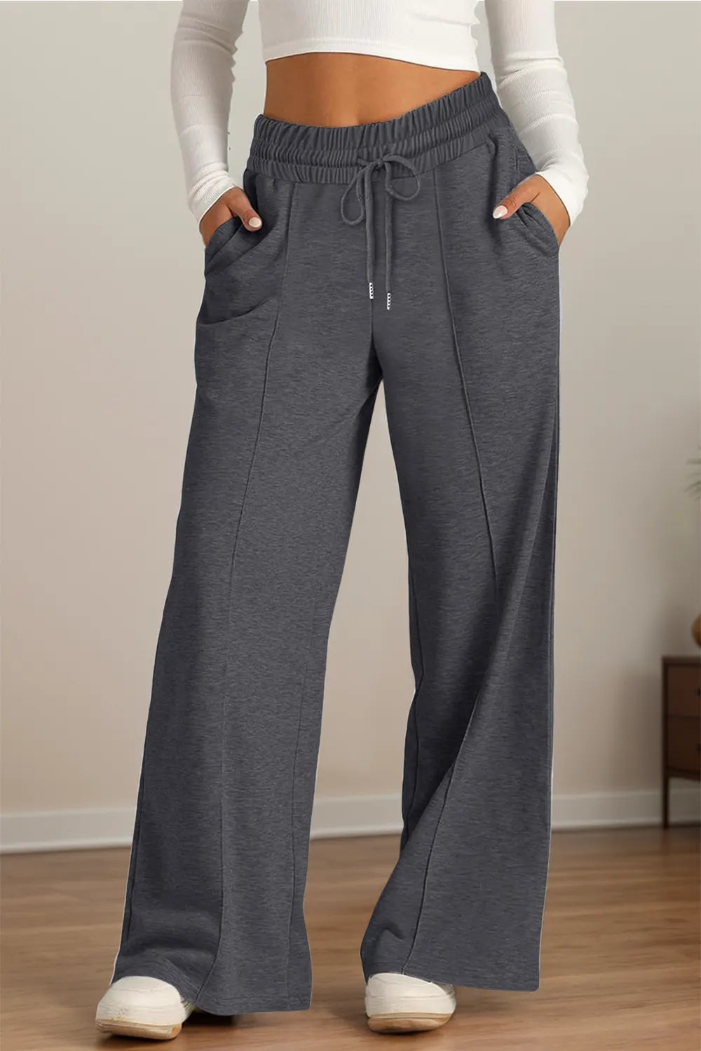 Drawstring Wide Leg Pants with Pockets