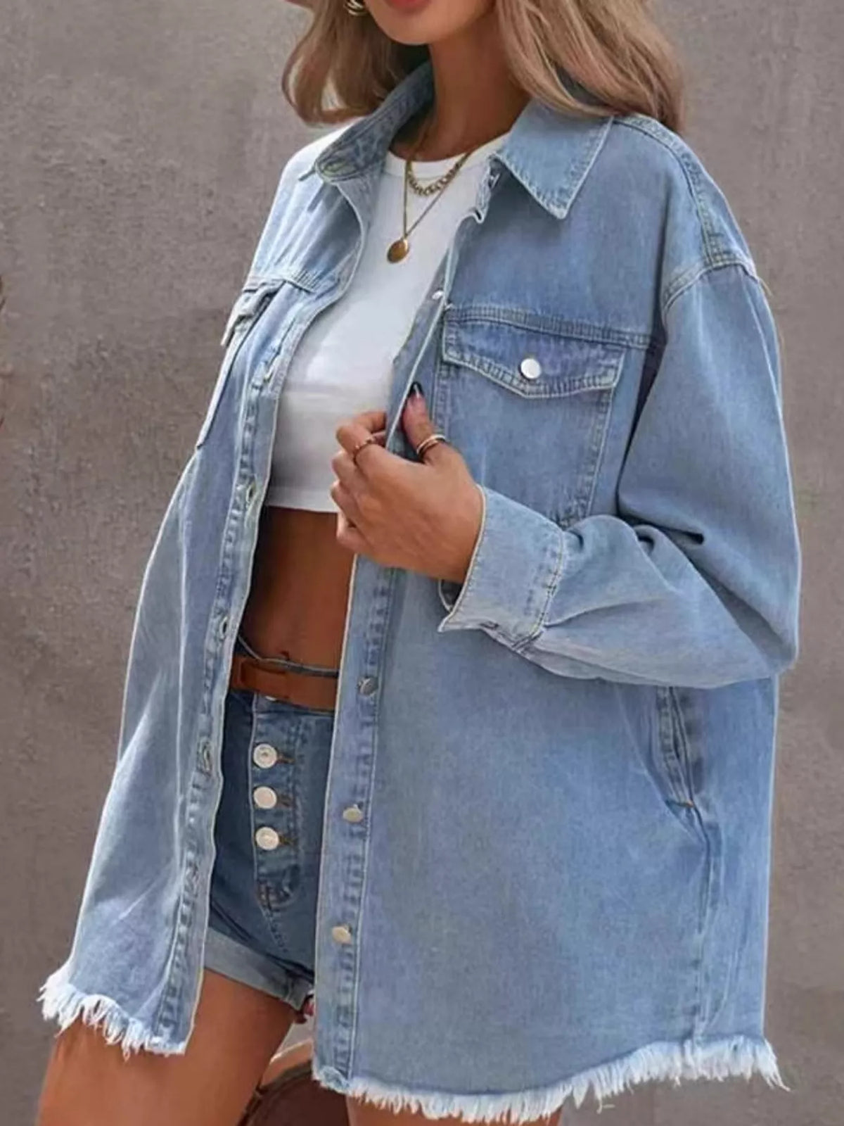Raw Hem Button-Up Denim Jacket in Light Blue