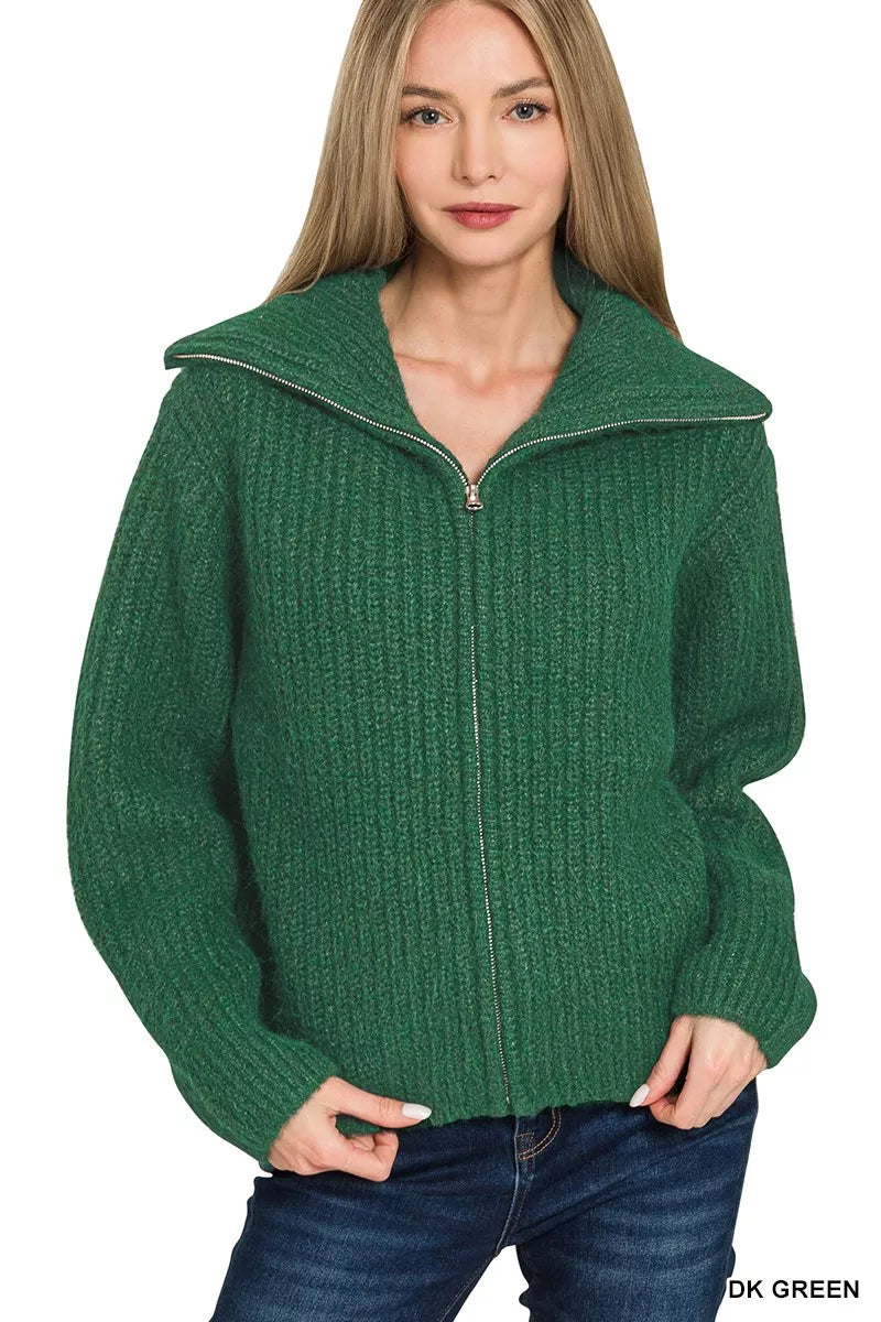 Zenana High Neck Full Zip Cardigan in Dark Green in Dk green