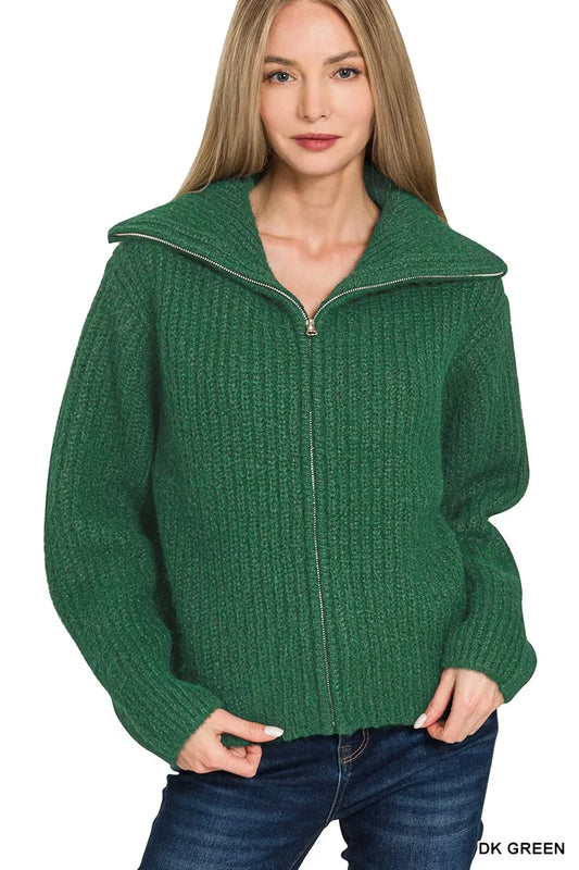 Zenana High Neck Full Zip Cardigan in Dark Green in Dk green