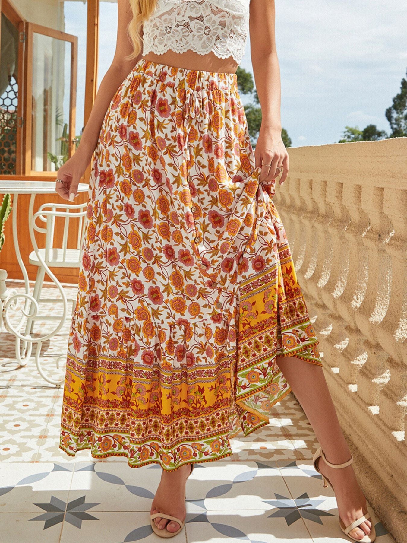 Floral Buttoned Slit Skirt