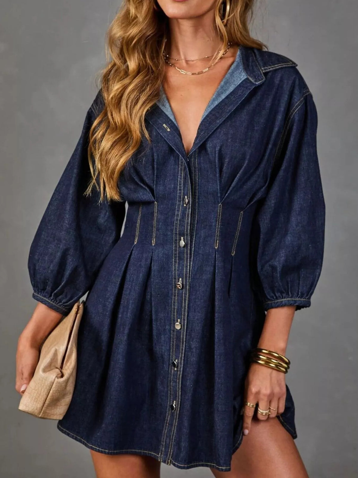 Button Down 3/4 Sleeve Denim Dress in Dark Blue