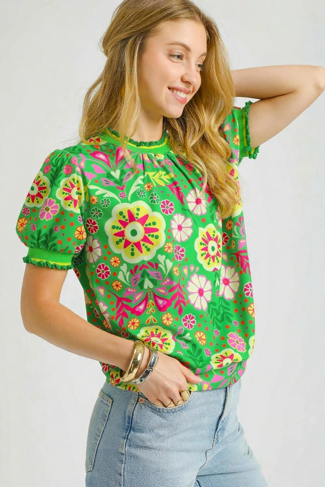 Umgee Retro Floral Puff Sleeve Top in Green Mix