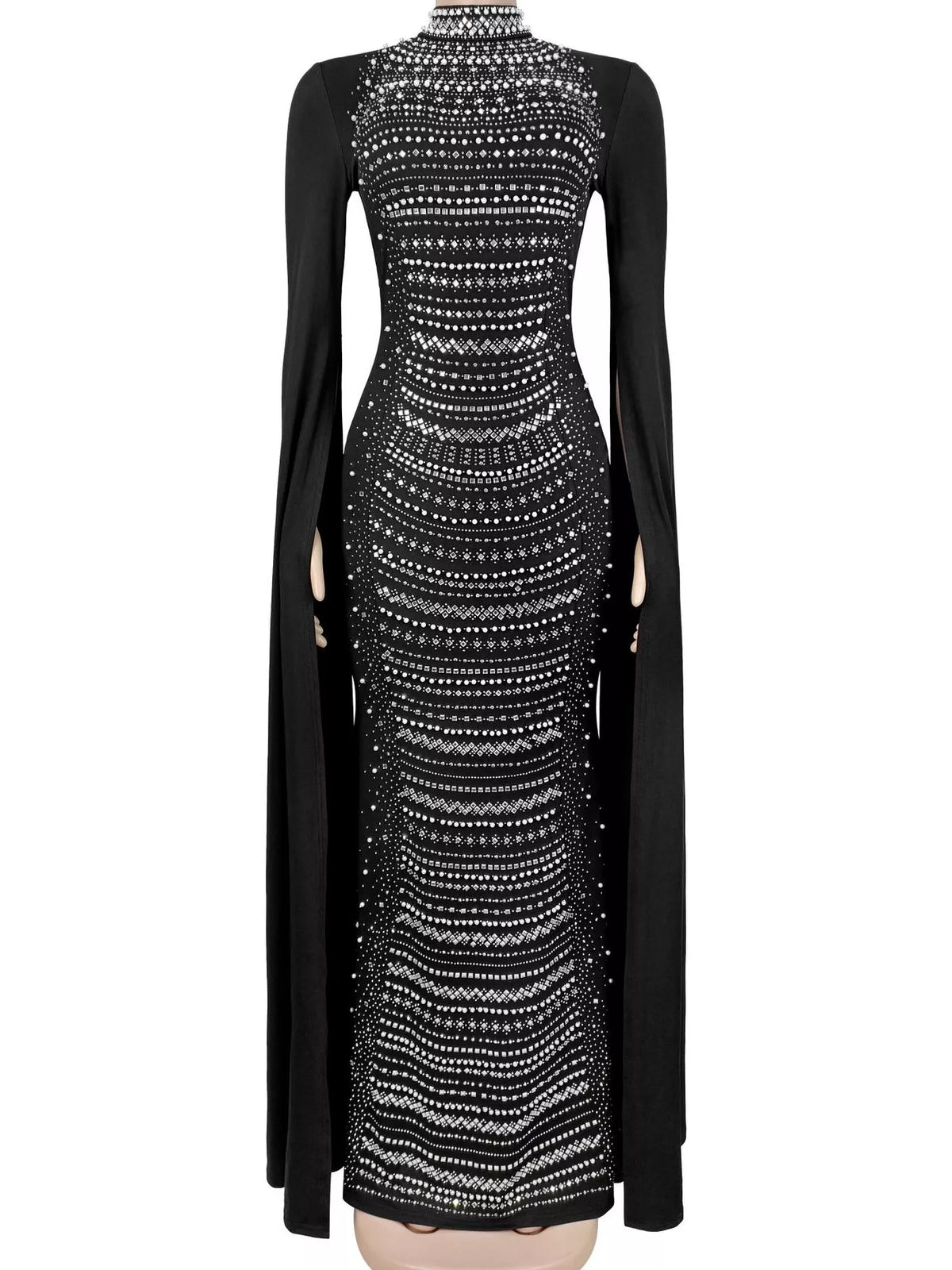 Rhinestone Cape Sleeve Maxi Dress in Black