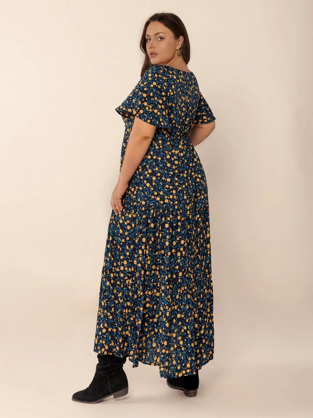 Printed Short-Sleeve Tiered Maxi Dress in Black