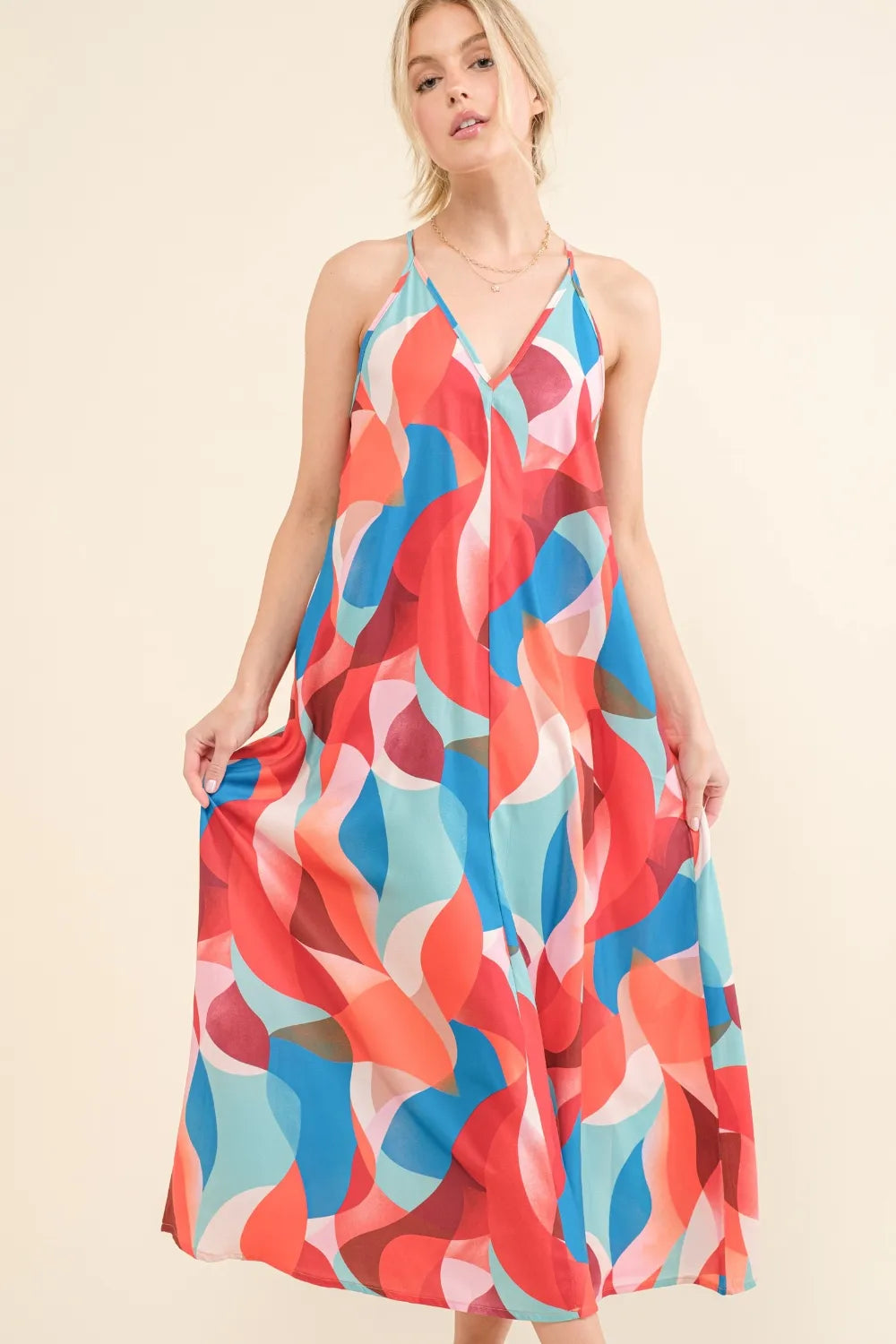 And The Why Printed Crisscross Back Cami Dress in Blue Multi