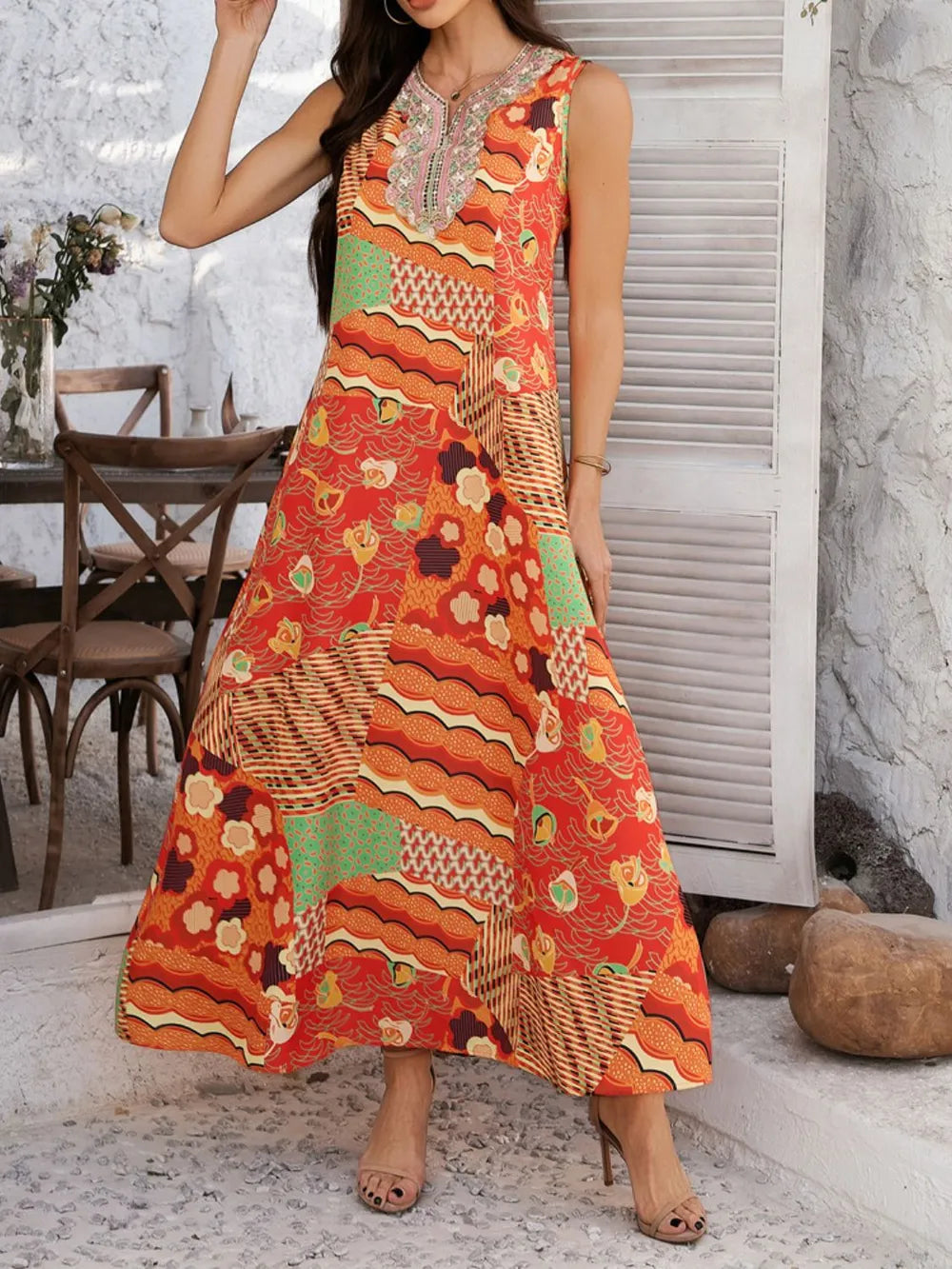 Printed Sleeveless Maxi Dress with Pockets