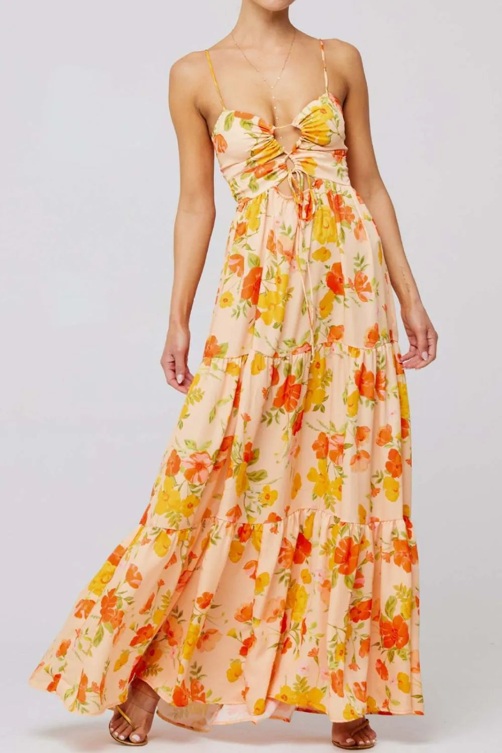 Floral Tie-Front Tiered Maxi Dress