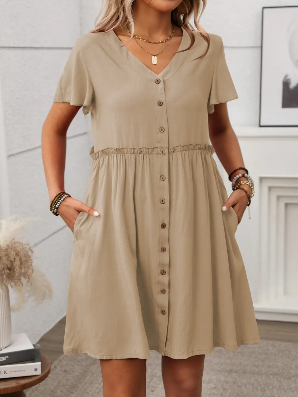 Button Front Flutter Sleeve Dress with Frill Detail