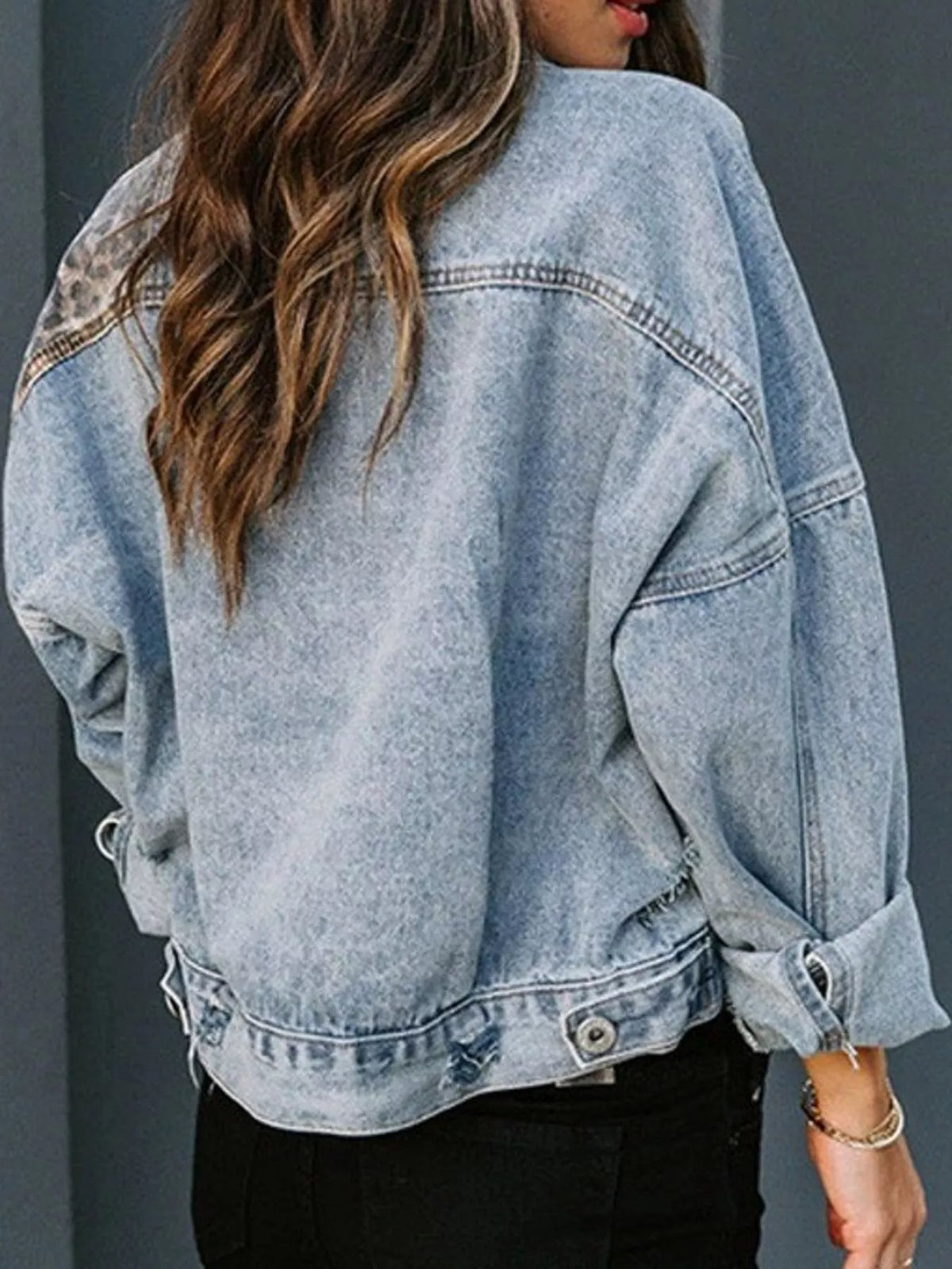 Distressed Leopard Dropped-Shoulder Denim Jacket