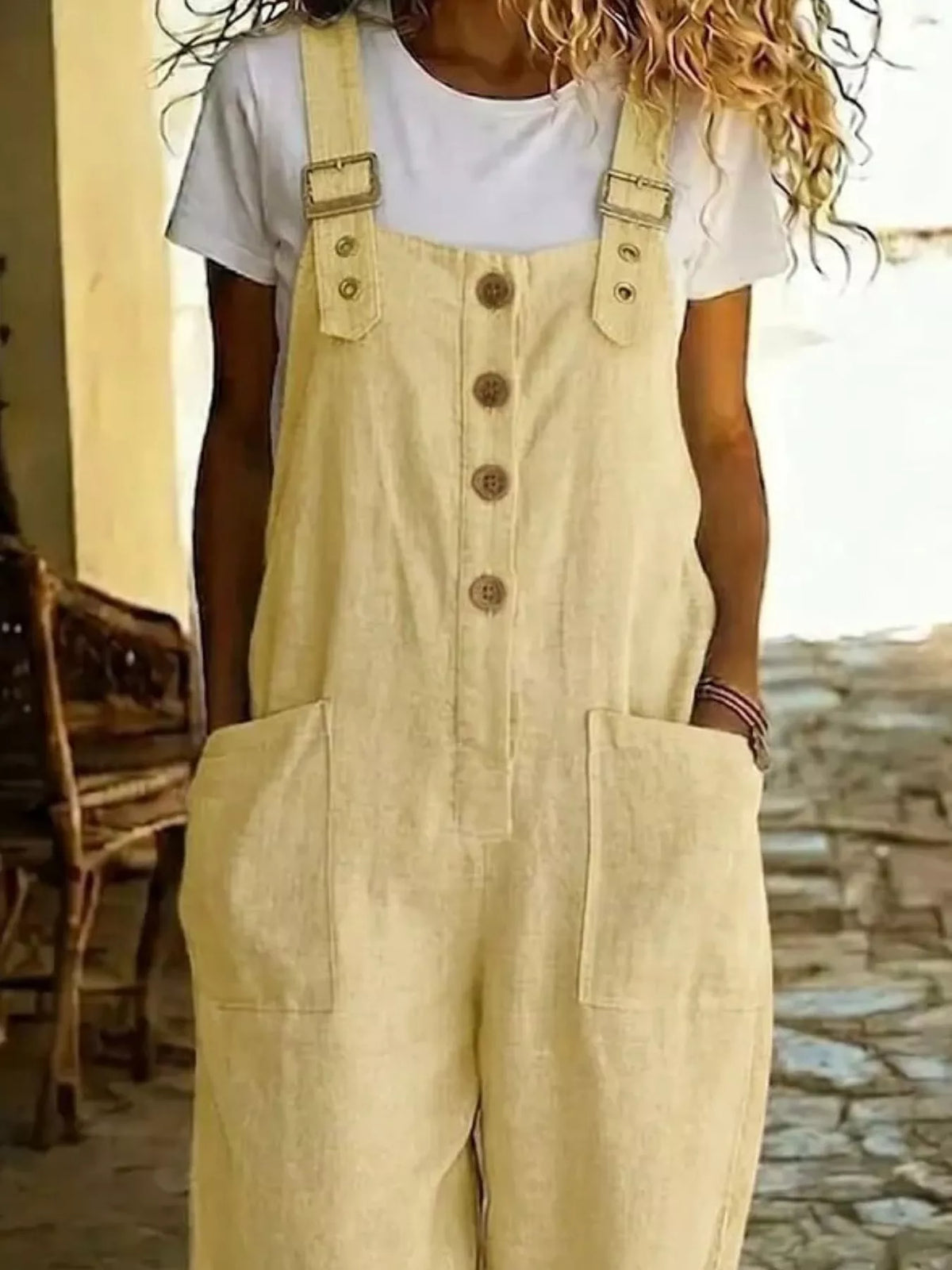 Button Front Wide Leg Overalls