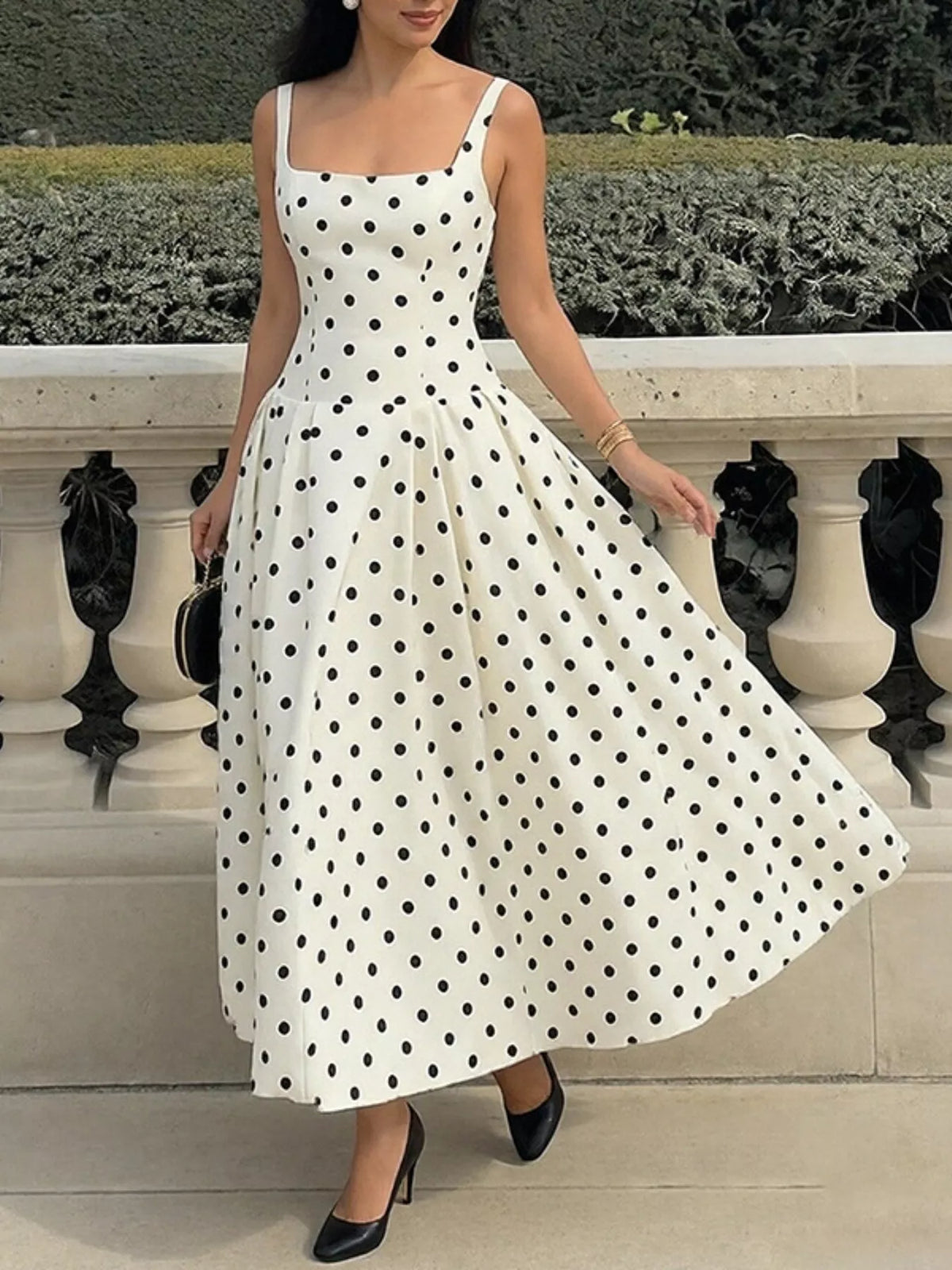 Polka Dot Square Neck Maxi Dress in Cream