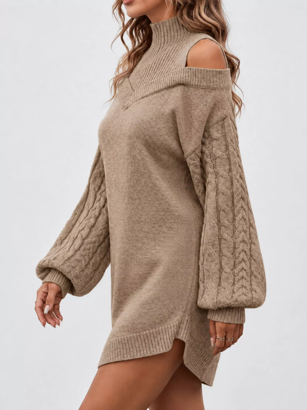 Cable-Knit Cold-Shoulder Mock-Neck Sweater Dress