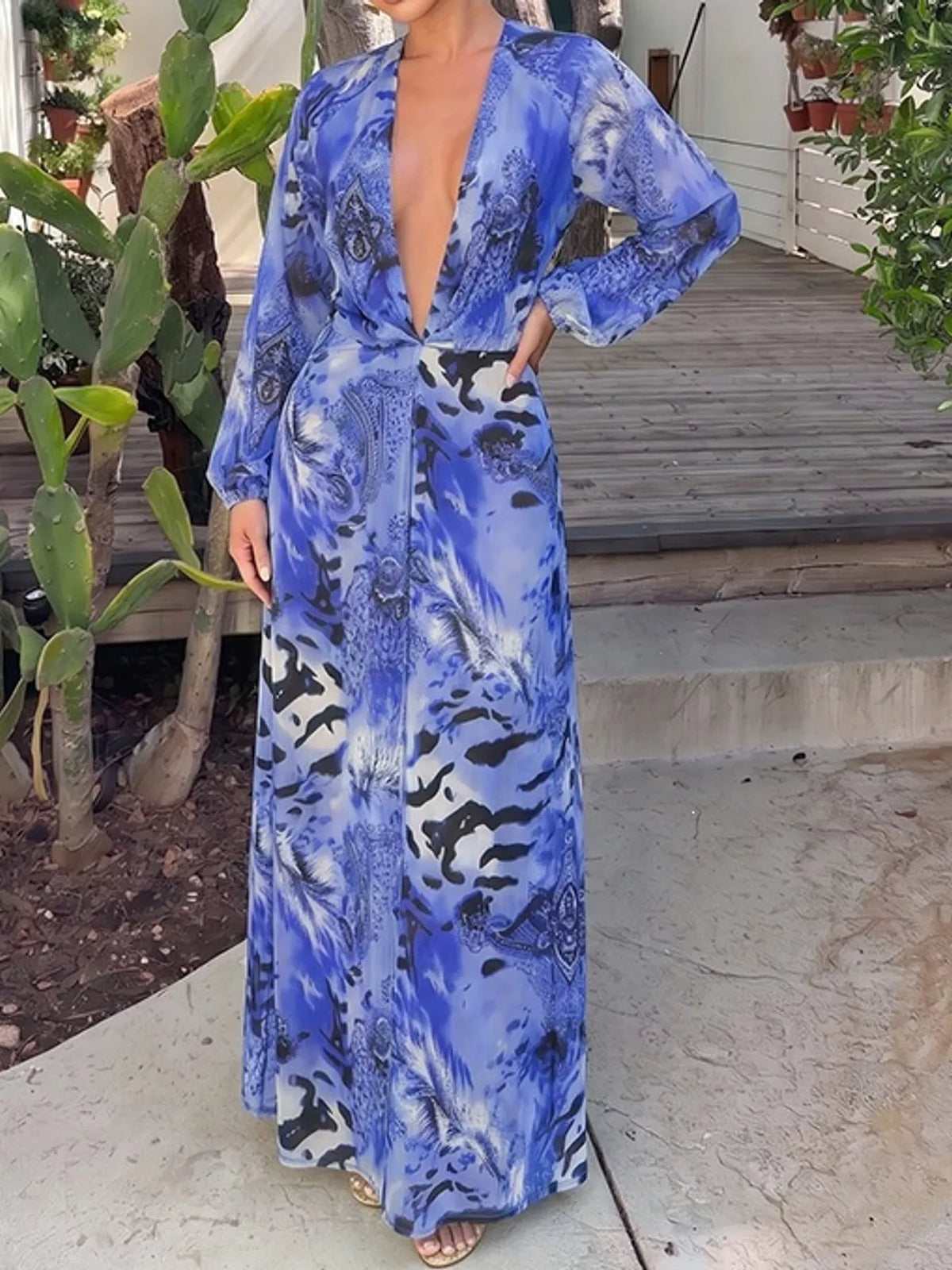 Deep V-Neck Long Sleeve Printed Maxi Dress