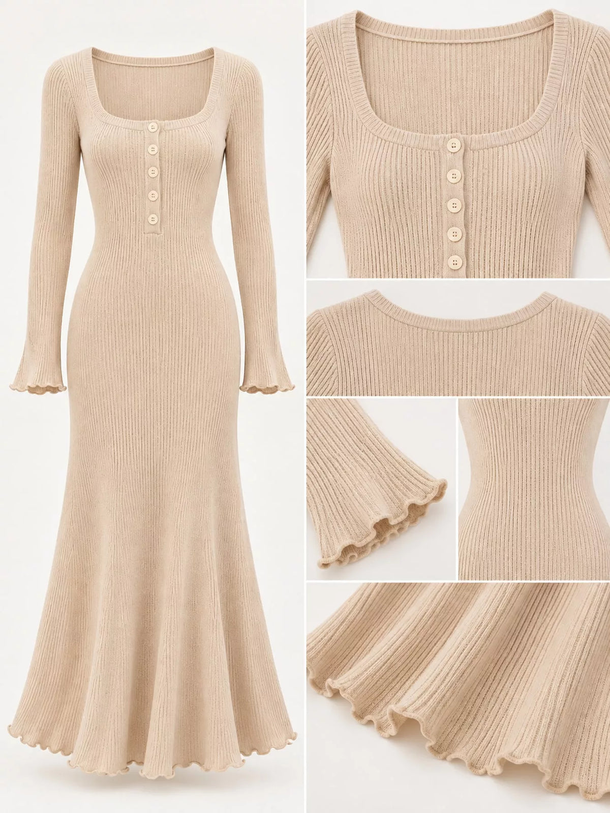 Button-Front Ribbed Knit Maxi Dress