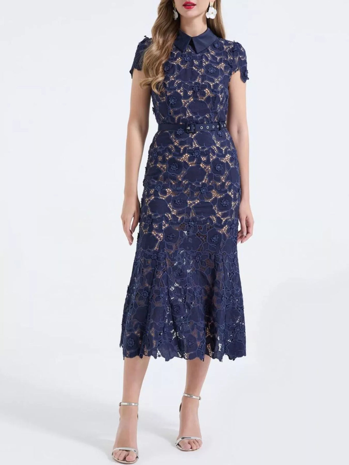 Floral Lace Short-Sleeve Midi Dress