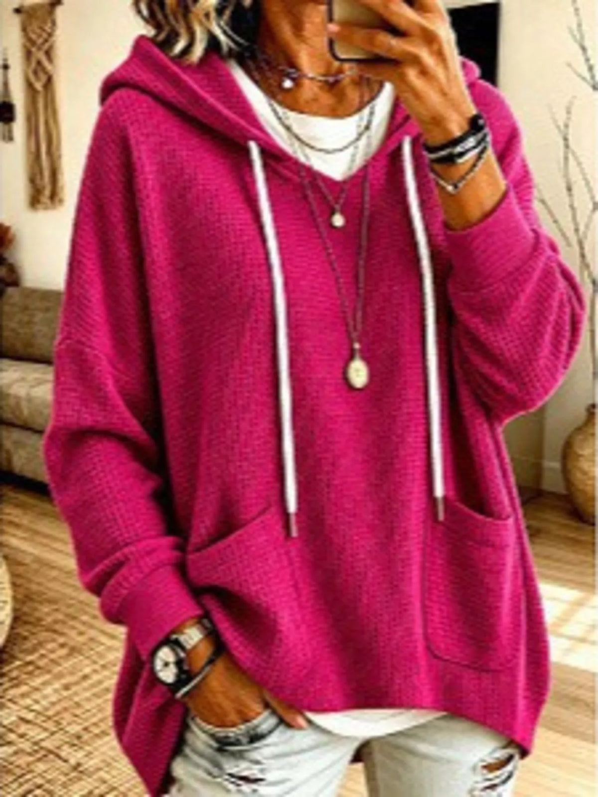 Waffle Knit Hoodie with Pockets