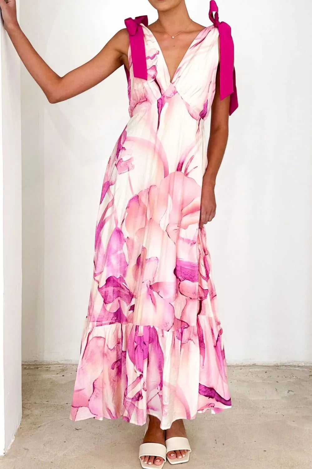 Printed Tie-Shoulder Ruched V-Neck Midi Dress