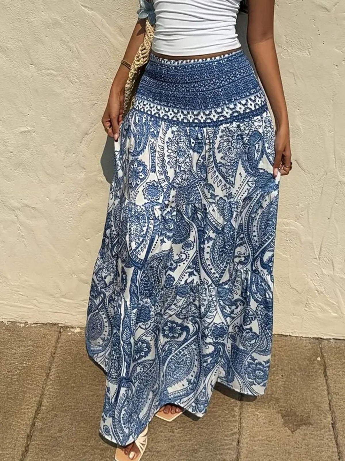 Smocked Paisley Print Maxi Skirt