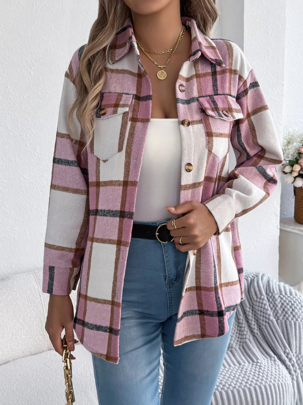 Plaid Button-Down Shacket by Clise