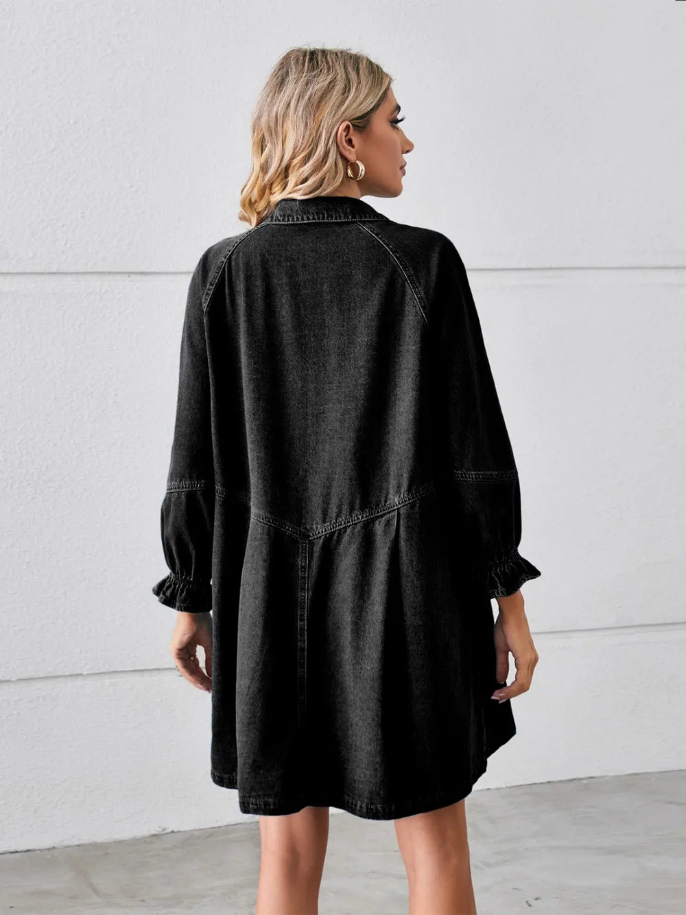 Button Up Flounce Sleeve Mini Denim Dress by Manny