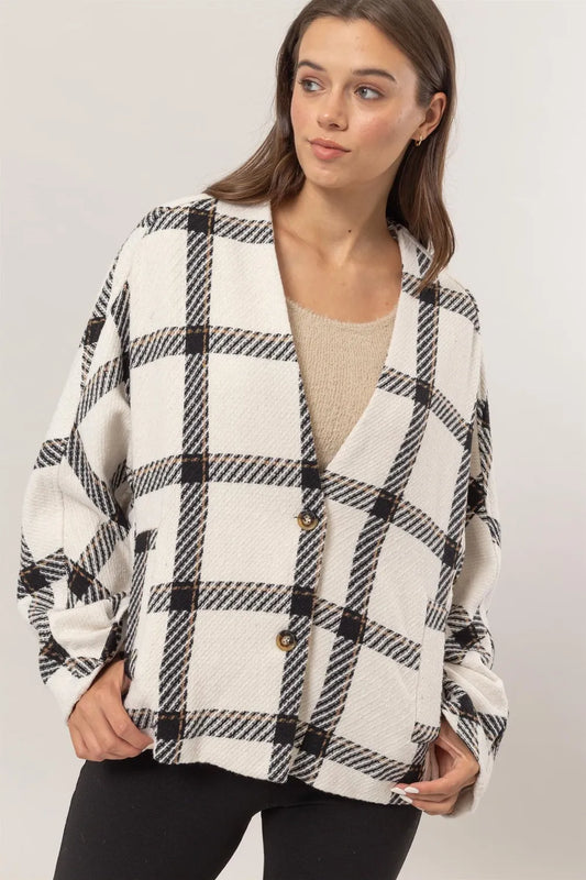 Hyfve Plaid Jacket with Side Slit Pockets in Cream