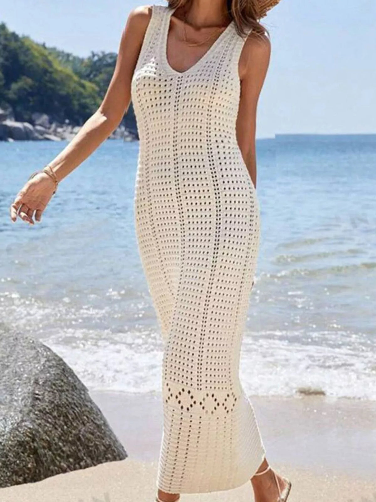 Sleeveless Crochet Knit Cover-Up Maxi Dress