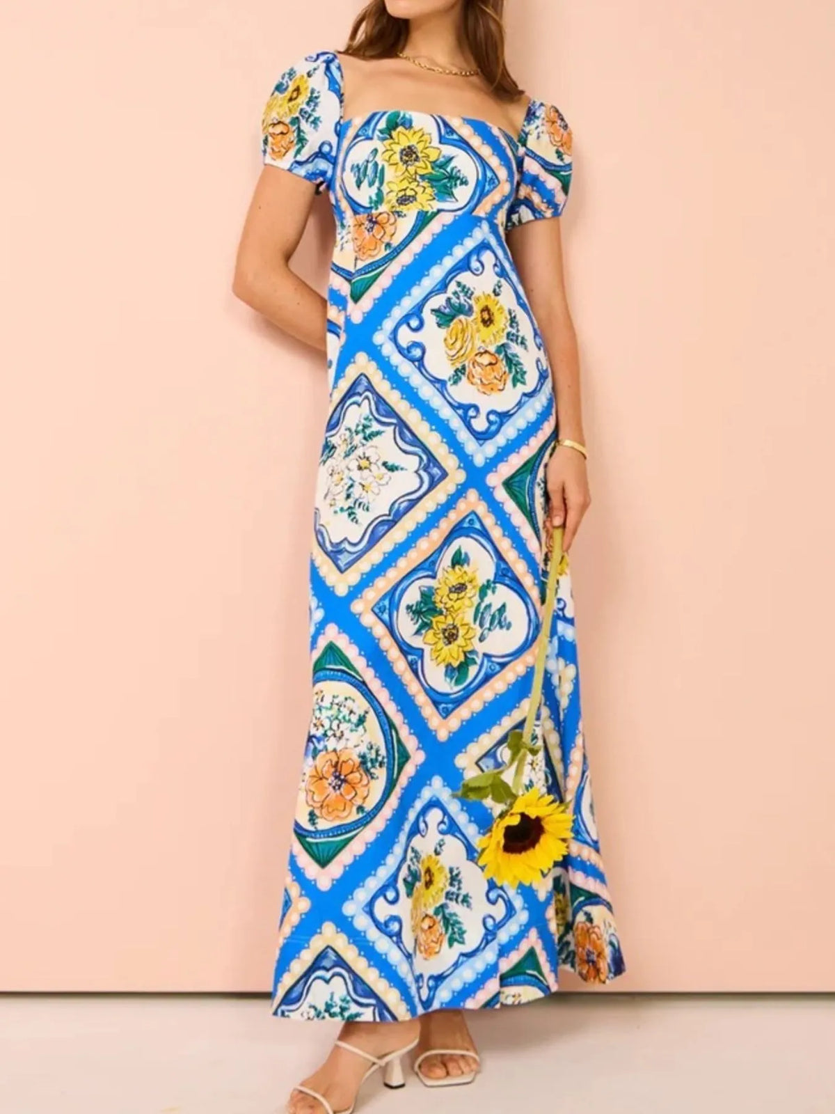 Printed Square Neck Puff Sleeve Maxi Dress in Blue