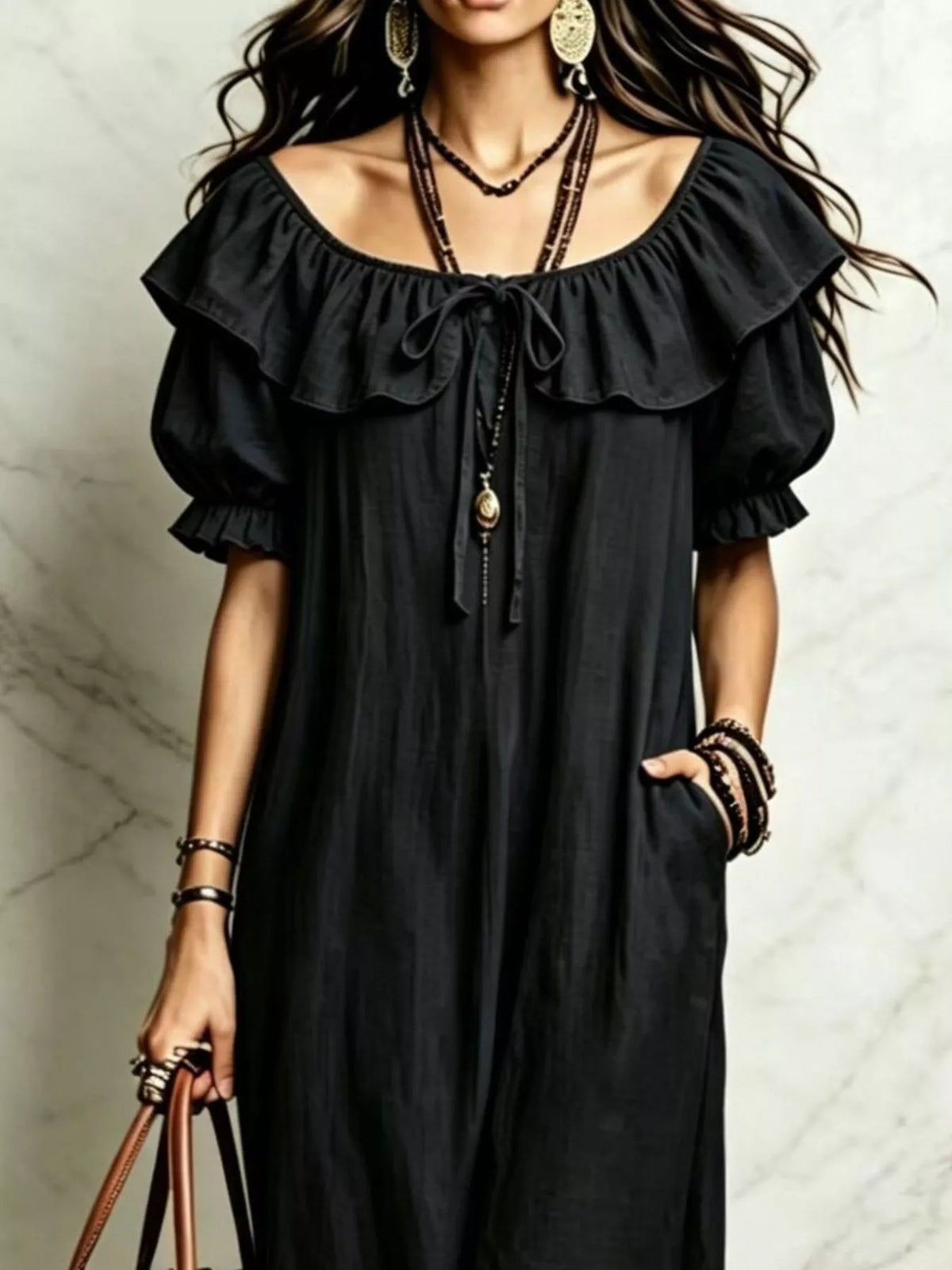 Puff Sleeve Ruffle Trim Maxi Dress
