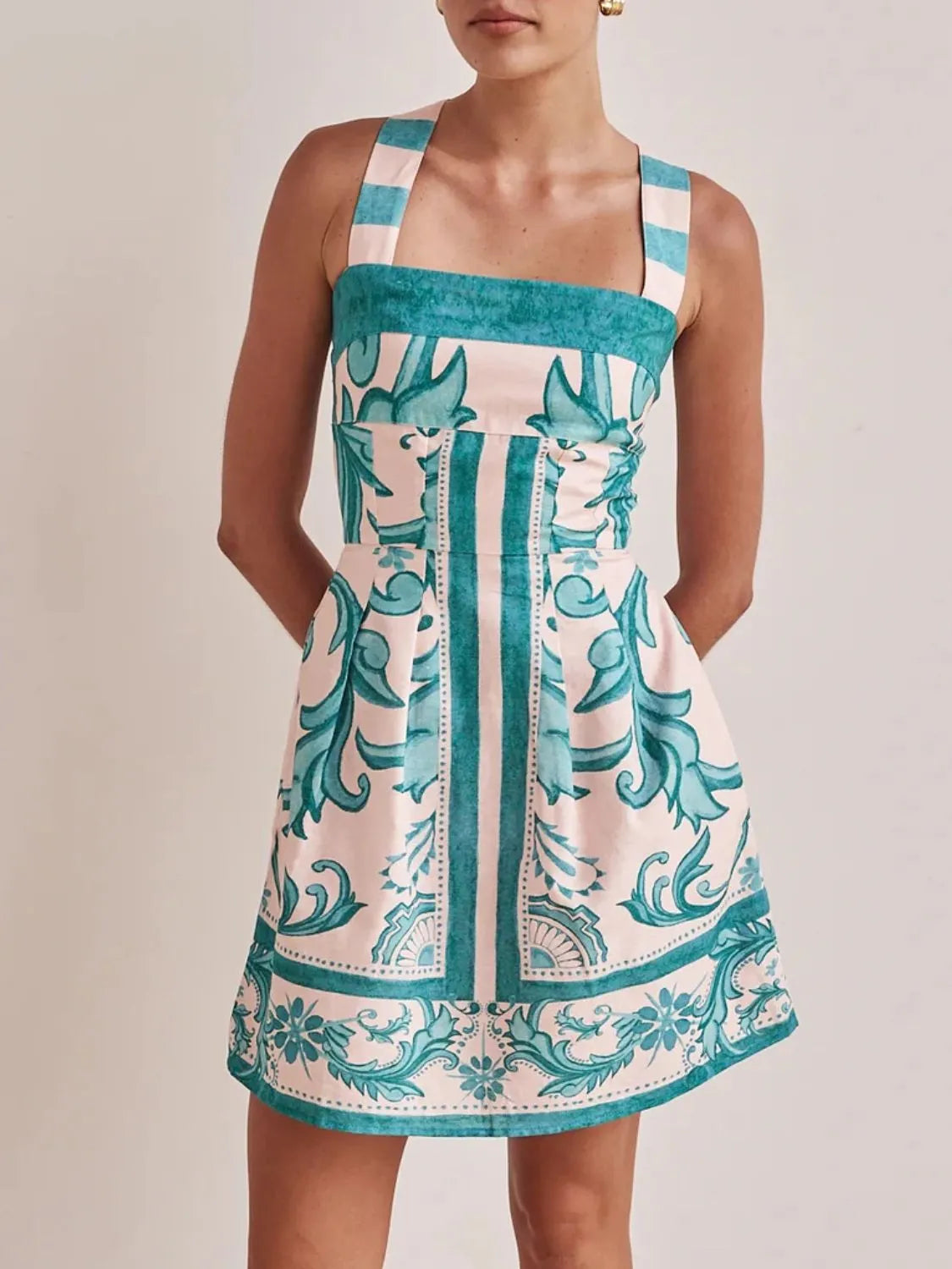 Printed Square Neck Buttoned Midi Dress