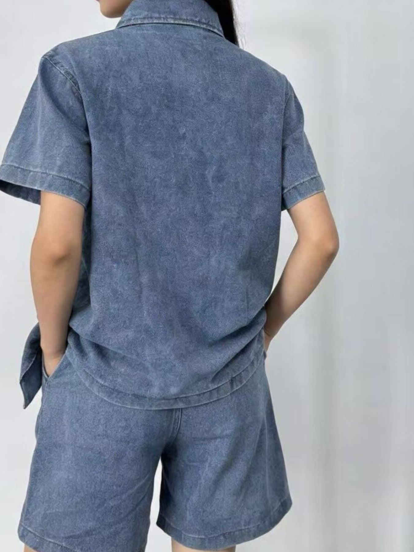 Button Up Short Sleeve Top and Shorts Denim Set by Dreamy Drapes