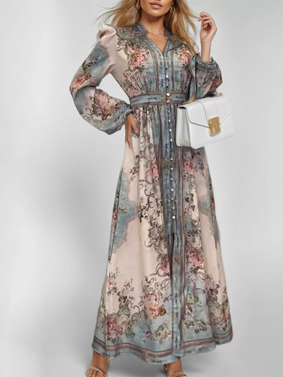 Puff-Sleeve Floral Maxi Dress in Air Force Blue, Plus Size